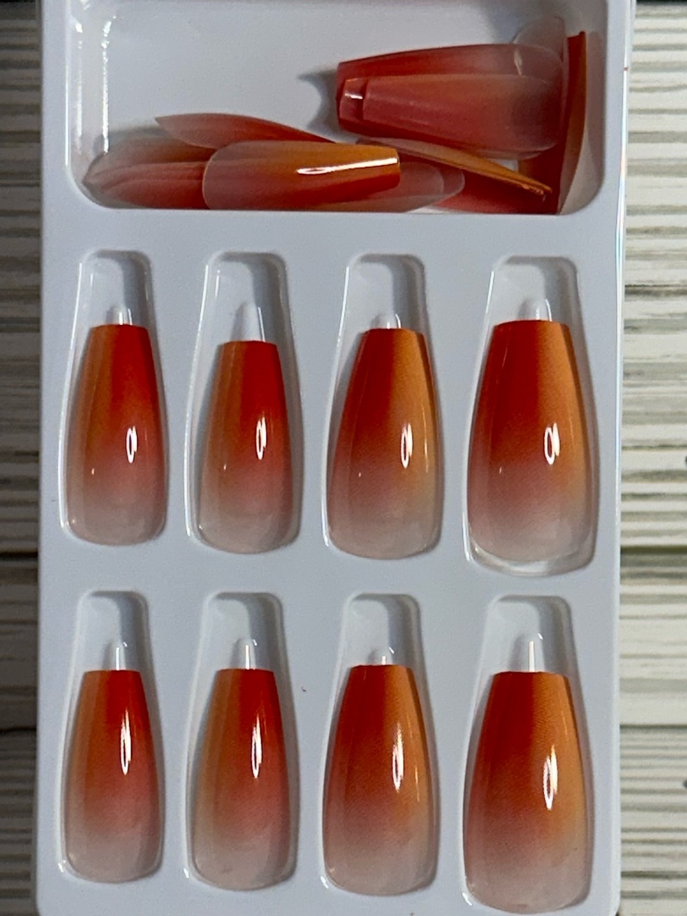 Medium Coffin Press-On Nails Warm Red Orange Ombre Glossy Summer Glam Chic